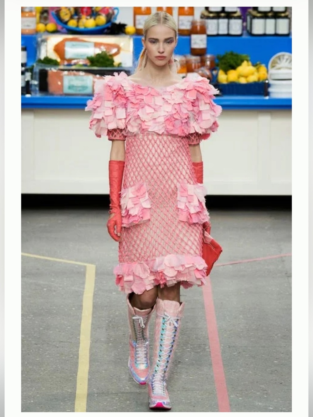 CHANEL Runway 2014 Paris Supermarket Pink Tweed Knee High Boots 37 Rare